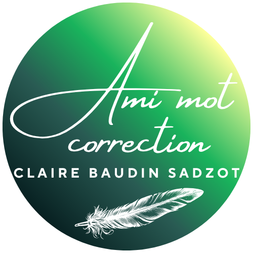 logo. Claire Baudin Sadzot, amimot correction, et une plume pour l'écriture.