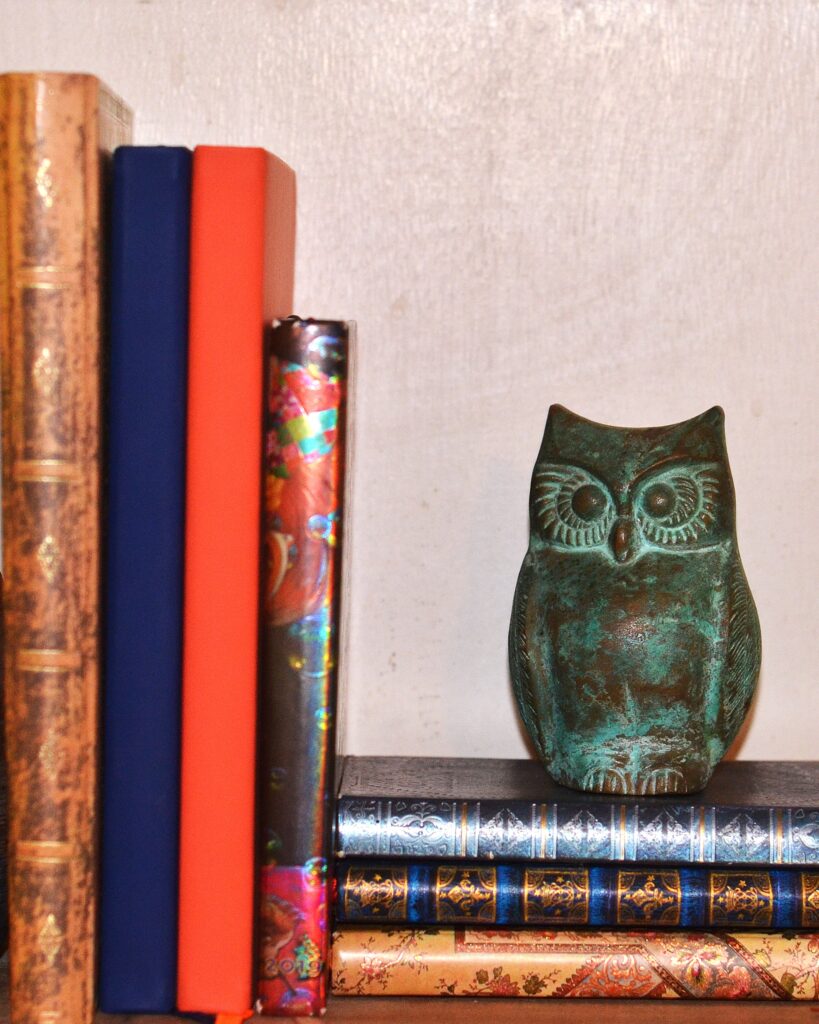 des carnets d'écriture et une statuette de chouette, pour montrer la sagesse et la tranquillité.